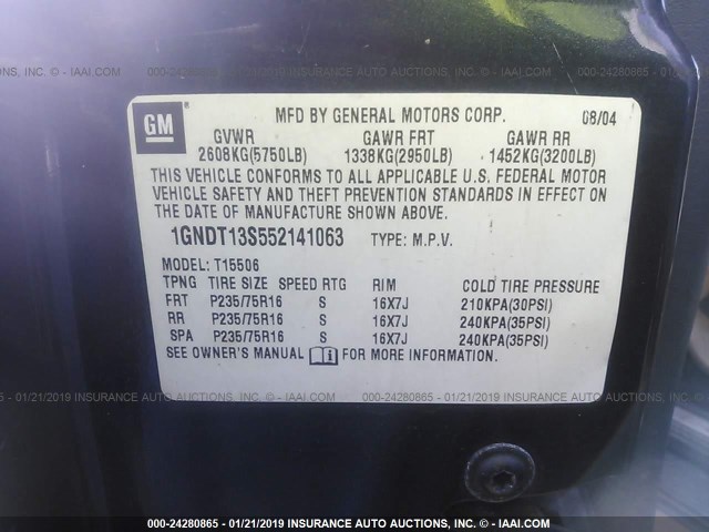 1GNDT13S552141063 - 2005 CHEVROLET TRAILBLAZER LS/LT GRAY photo 9