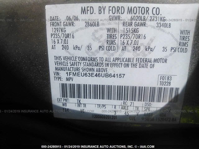 1FMEU63E46UB64157 - 2006 FORD EXPLORER XLT GRAY photo 9