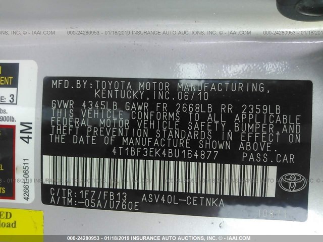 4T1BF3EK4BU164877 - 2011 TOYOTA CAMRY SE/LE/XLE SILVER photo 9