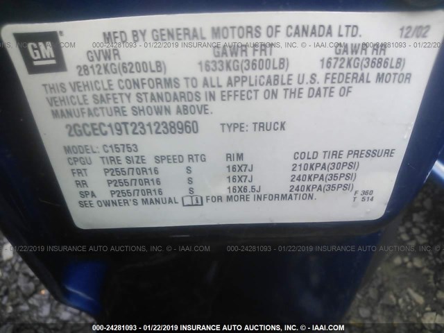 2GCEC19T231238960 - 2003 CHEVROLET SILVERADO C1500 BLUE photo 9