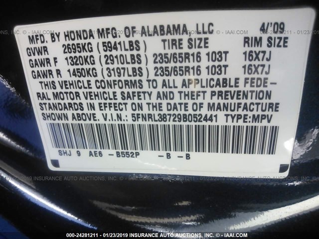 5FNRL38729B052441 - 2009 HONDA ODYSSEY EXL BLUE photo 9