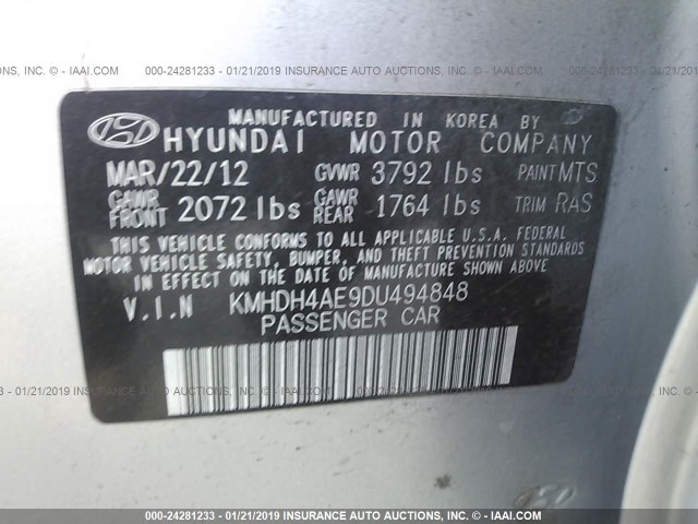 KMHDH4AE9DU494848 - 2013 HYUNDAI ELANTRA GLS/LIMITED SILVER photo 9