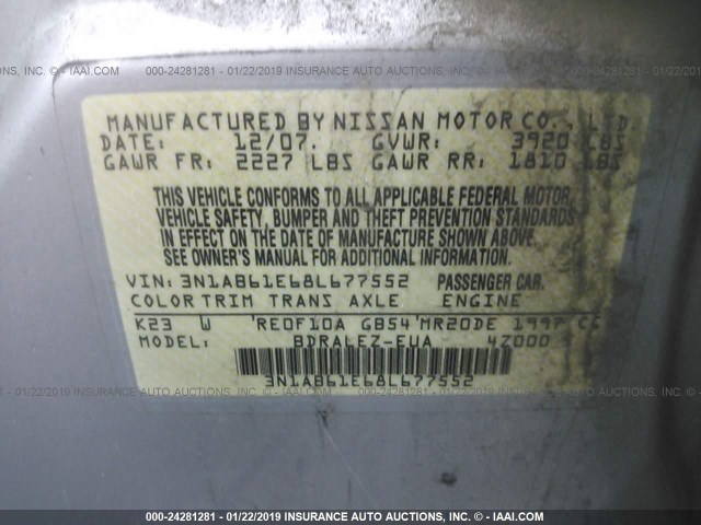 3N1AB61E68L677552 - 2008 NISSAN SENTRA 2.0/2.0S/2.0SL SILVER photo 9