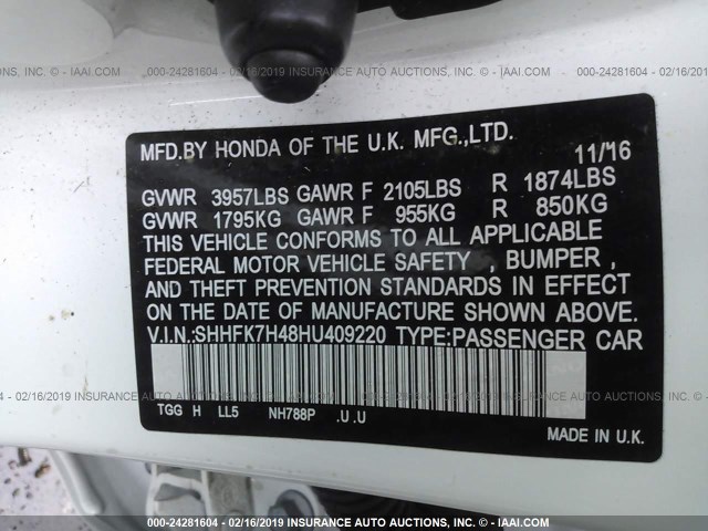 SHHFK7H48HU409220 - 2017 HONDA CIVIC SPORT أبيض صورة 9