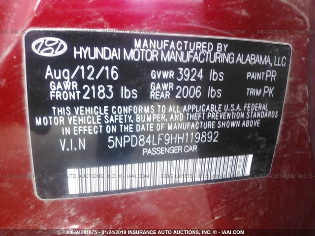 5NPD84LF9HH119892 - 2017 HYUNDAI ELANTRA SE/VALUE/LIMITED RED photo 9