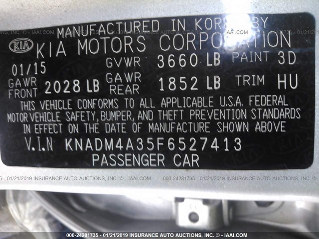 KNADM4A35F6527413 - 2015 KIA RIO LX SILVER photo 9