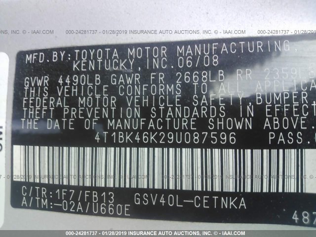 4T1BK46K29U087596 - 2009 TOYOTA CAMRY SE/LE/XLE SILVER photo 9