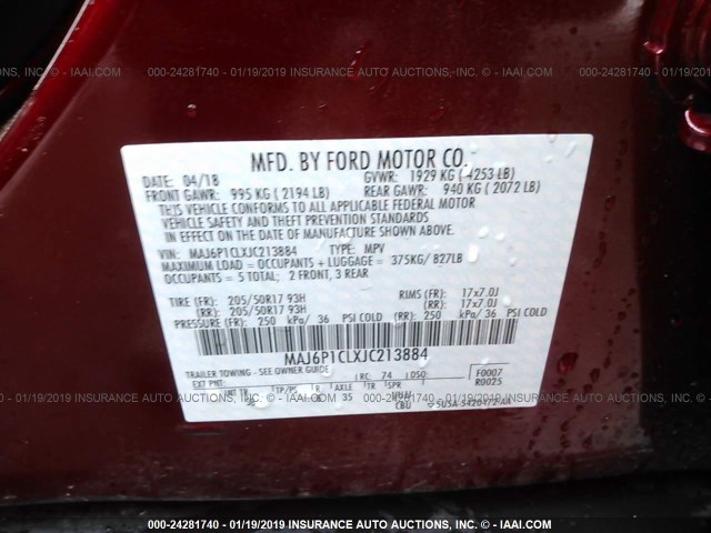 MAJ6P1CLXJC213884 - 2018 FORD ECOSPORT SES RED photo 9