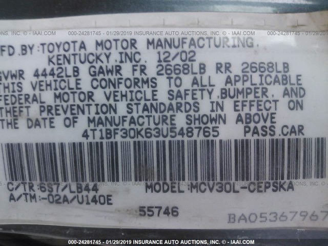 4T1BF30K63U548765 - 2003 TOYOTA CAMRY LE/XLE/SE GREEN photo 9