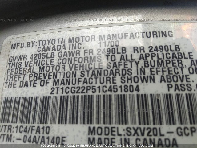 2T1CG22P51C451804 - 2001 TOYOTA CAMRY SOLARA SE SILVER photo 9