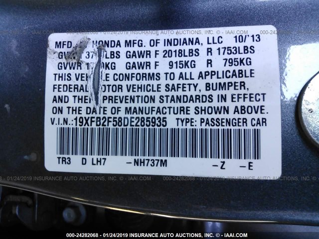 19XFB2F58DE285935 - 2013 HONDA CIVIC LX GRAY photo 9