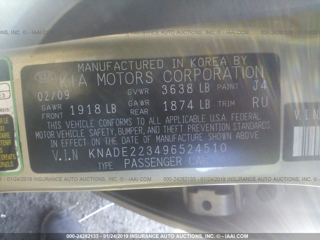 KNADE223496524510 - 2009 KIA RIO LX/SX GOLD photo 9