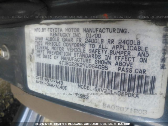 4T1BG22K2YU964095 - 2000 TOYOTA CAMRY CE/LE/XLE 蓝色 照片 9