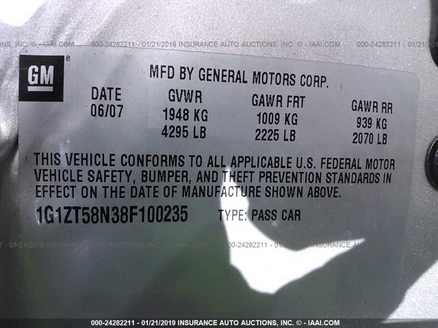 1G1ZT58N38F100235 - 2008 CHEVROLET MALIBU LT/CLASSIC SILVER photo 9