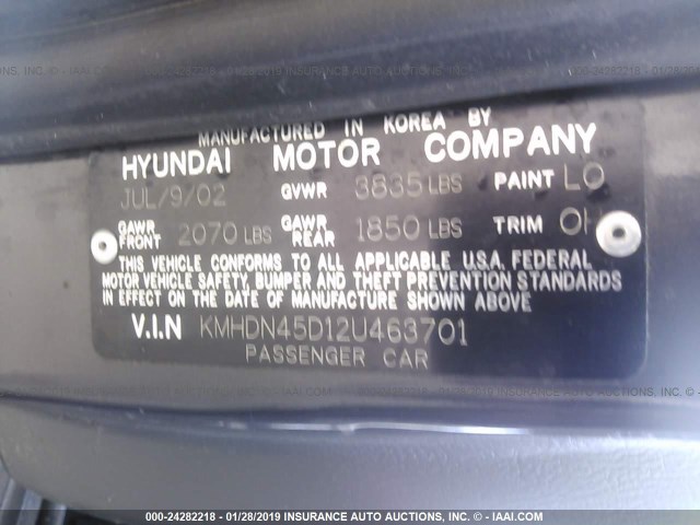 KMHDN45D12U463701 - 2002 HYUNDAI ELANTRA GLS/GT GRAY photo 9