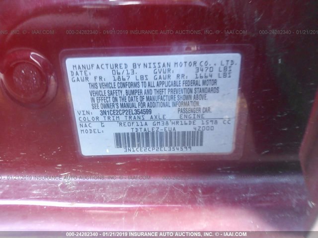 3N1CE2CP2EL354599 - 2014 NISSAN VERSA NOTE S/S PLUS/SV/SL RED photo 9