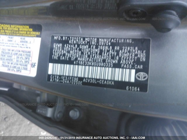 4T1BE32K85U980325 - 2005 TOYOTA CAMRY LE/XLE/SE GRAY photo 9