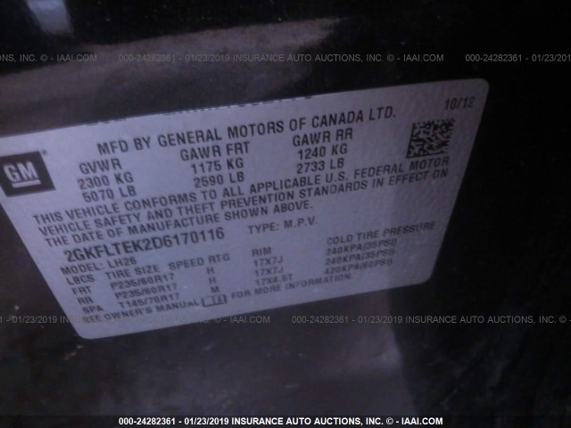 2GKFLTEK2D6170116 - 2013 GMC TERRAIN SLE BLACK photo 9