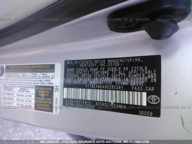 4T1BE46K49U285281 - 2009 TOYOTA CAMRY SE/LE/XLE 灰色 照片 9