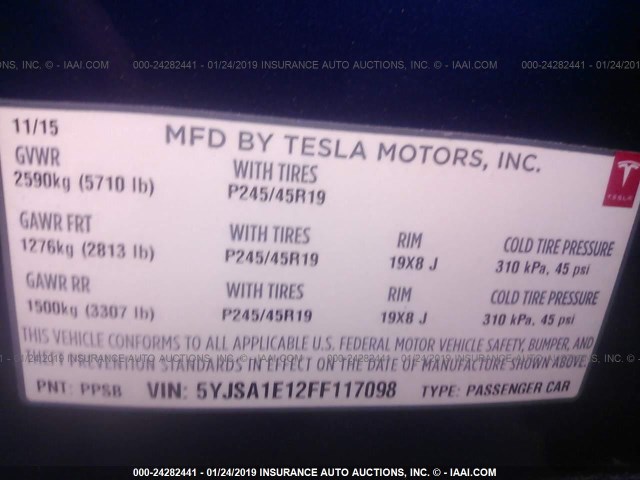 5YJSA1E12FF117098 - 2015 TESLA MODEL S BLUE photo 9