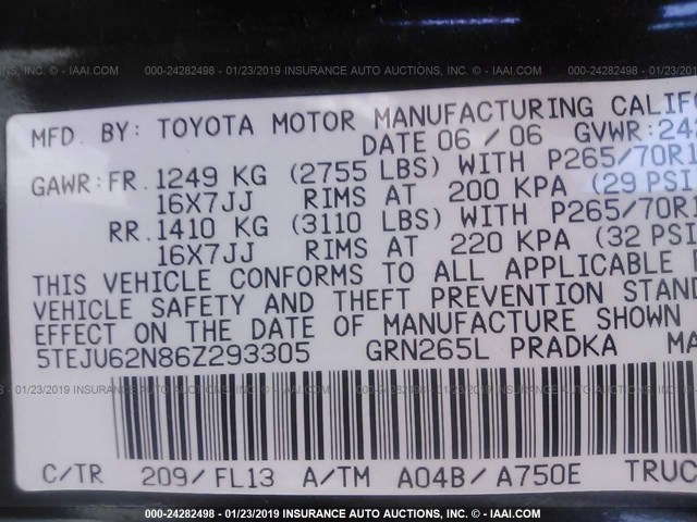 5TEJU62N86Z293305 - 2006 TOYOTA TACOMA DOUBLE CAB PRERUNNER BLACK photo 9