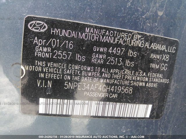 5NPE34AF4GH419568 - 2016 HYUNDAI SONATA SPORT/LIMITED BLUE photo 9