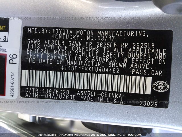 4T1BF1FKXHU404462 - 2017 TOYOTA CAMRY LE/XLE/SE/XSE SILVER photo 9