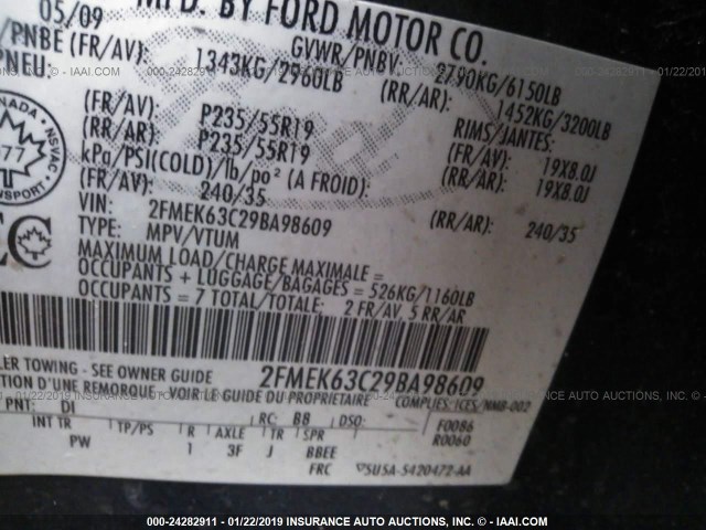 2FMEK63C29BA98609 - 2009 FORD FLEX LIMITED BLACK photo 9