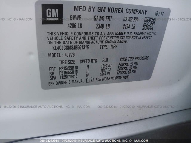 KL4CJCSM8JB561316 - 2018 BUICK ENCORE ESSENCE WHITE photo 9