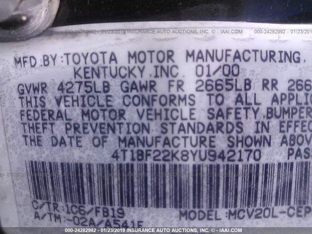 4T1BF22K8YU942170 - 2000 TOYOTA CAMRY LE/XLE GREEN photo 9