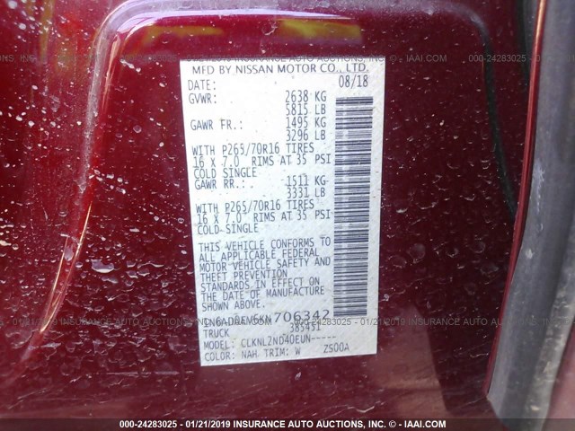 1N6AD0EV6KN706342 - 2019 NISSAN FRONTIER BURGUNDY photo 9