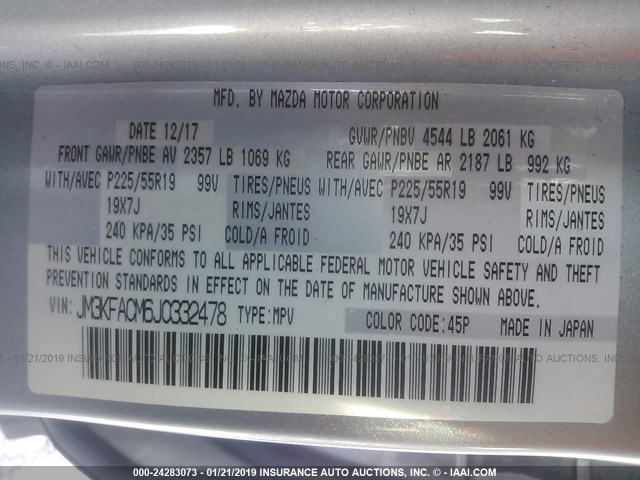 JM3KFACM6J0332478 - 2018 MAZDA CX-5 TOURING Argent photo 9