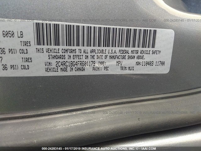 2C4RC1BG4FR601179 - 2015 CHRYSLER TOWN & COUNTRY TOURING GRAY photo 9