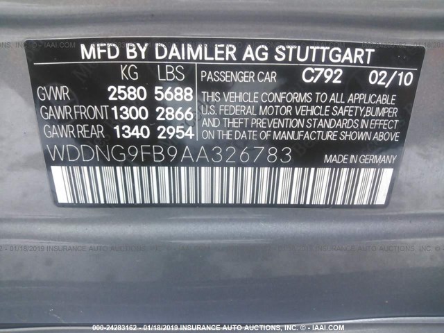 WDDNG9FB9AA326783 - 2010 MERCEDES-BENZ S 400 GRAY photo 9
