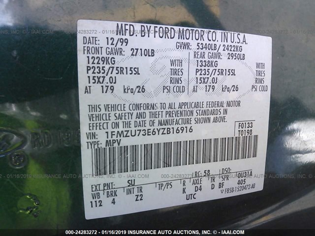 1FMZU73E6YZB16916 - 2000 FORD EXPLORER XLT GREEN photo 9