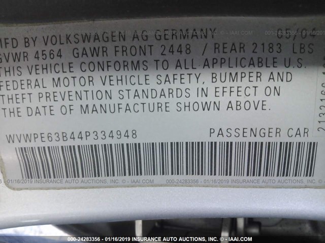 WVWPE63B44P334948 - 2004 VOLKSWAGEN PASSAT GLS TDI SILVER photo 9