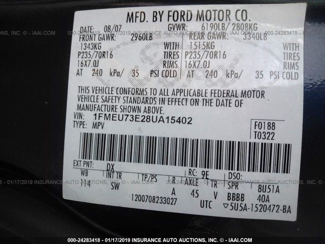 1FMEU73E28UA15402 - 2008 FORD EXPLORER XLT BLUE photo 9