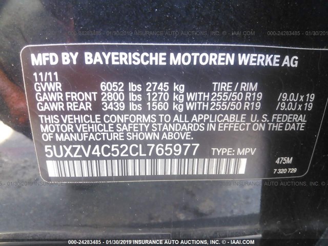 5UXZV4C52CL765977 - 2012 BMW X5 XDRIVE35I BLACK photo 9