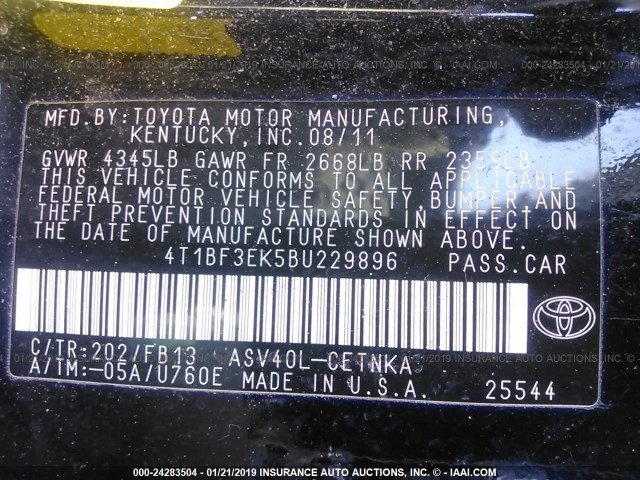 4T1BF3EK5BU229896 - 2011 TOYOTA CAMRY SE/LE/XLE 黑色 照片 9