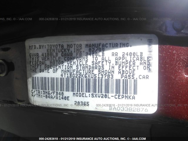 4T1BG22K6XU513783 - 1999 TOYOTA CAMRY CE/LE/XLE 红色 照片 9