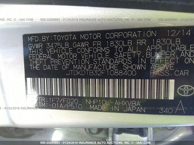 JTDKDTB32F1088400 - 2015 TOYOTA PRIUS C SILVER photo 9