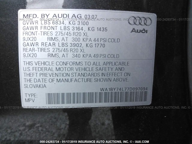 WA1BY74L77D097094 - 2007 AUDI Q7 3.6 QUATTRO PREMIUM GRAY photo 9