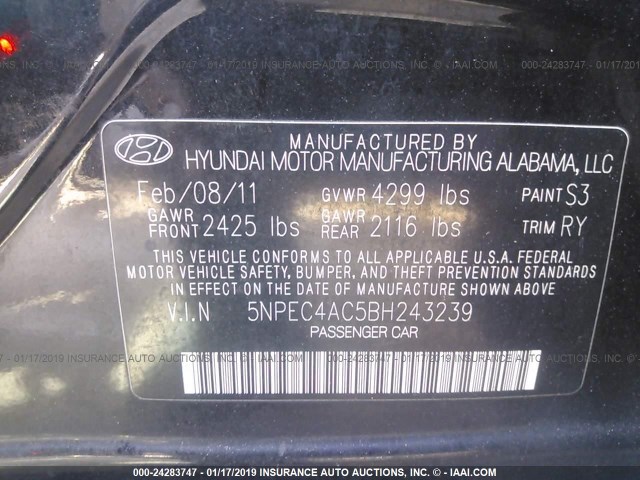 5NPEC4AC5BH243239 - 2011 HYUNDAI SONATA SE/LIMITED BLACK photo 9