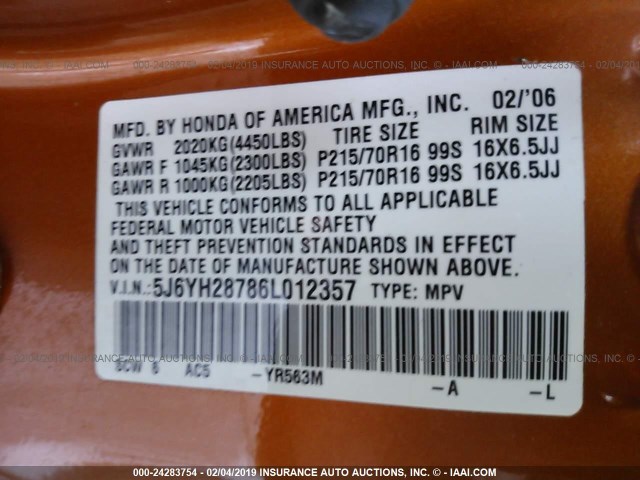 5J6YH28786L012357 - 2006 HONDA ELEMENT EX ORANGE photo 9