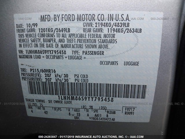 1LNHM86S9YY795458 - 2000 LINCOLN LS SILVER photo 9