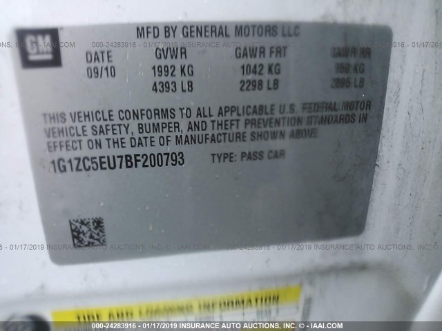 1G1ZC5EU7BF200793 - 2011 CHEVROLET MALIBU 1LT WHITE photo 9