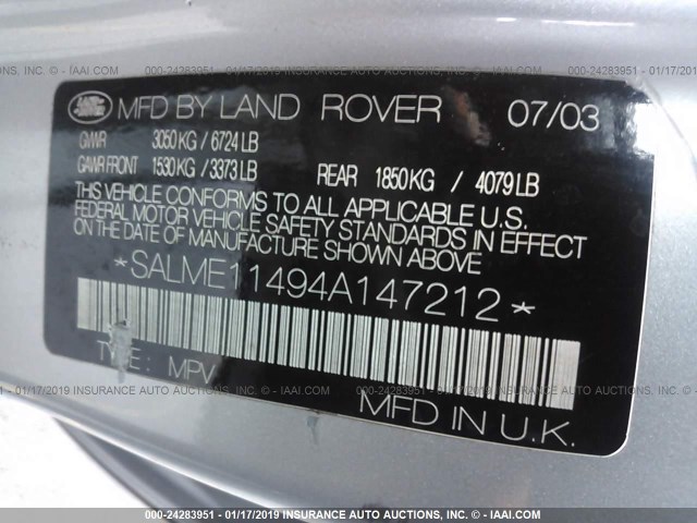 SALME11494A147212 - 2004 LAND ROVER RANGE ROVER HSE SILVER photo 9