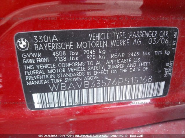 WBAVB33576PS15168 - 2006 BMW 330 I RED photo 9