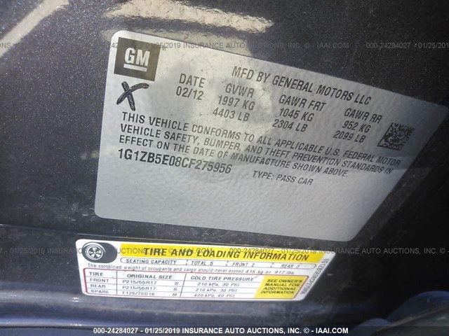 1G1ZB5E08CF275956 - 2012 CHEVROLET MALIBU LS GRAY photo 9