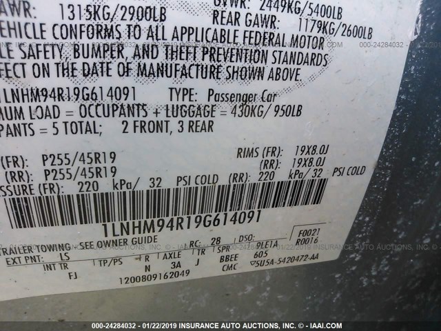 1LNHM94R19G614091 - 2009 LINCOLN MKS BLUE photo 9